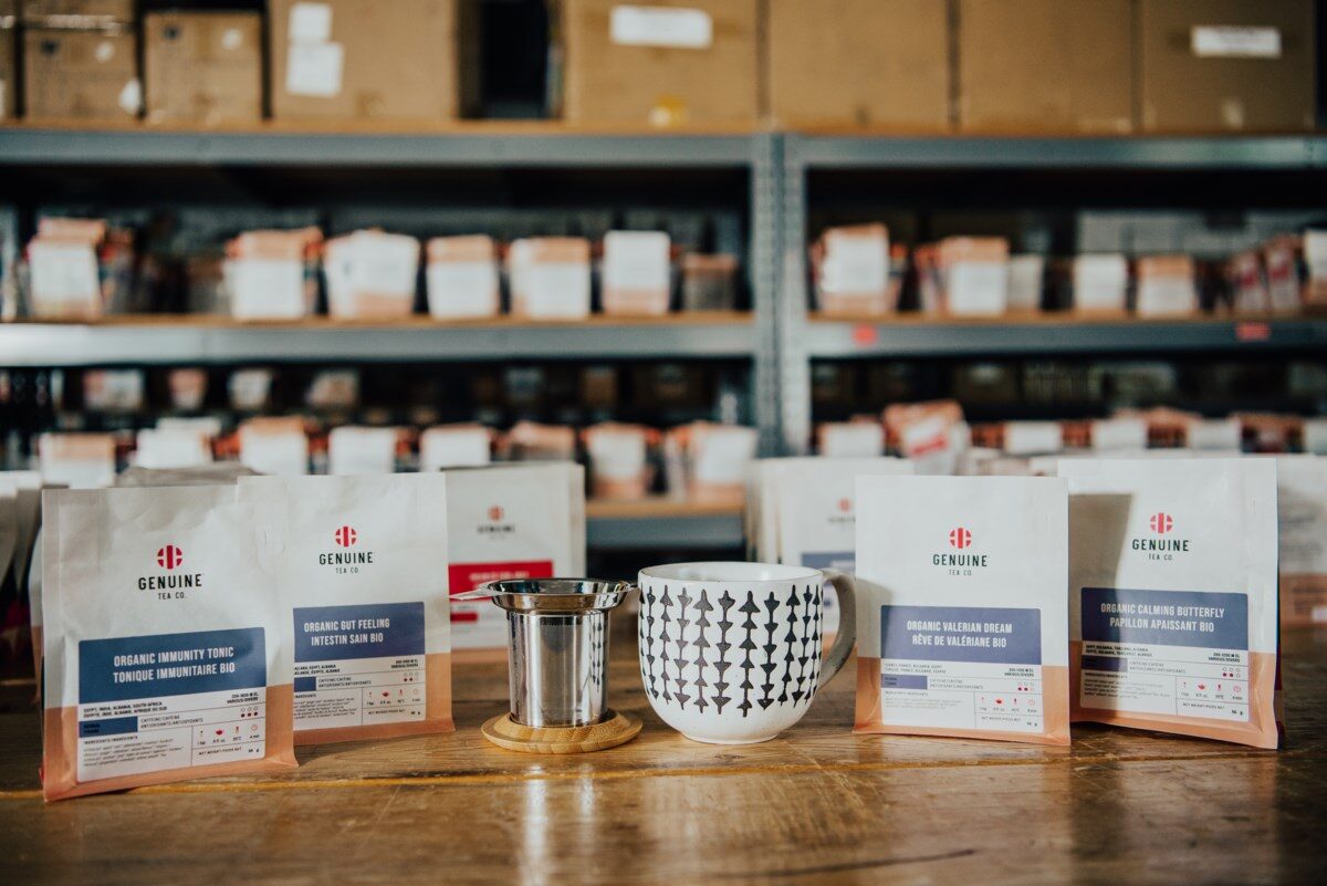 A collection of genuine tea's products on a wooden table